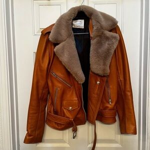 Understated Leather Tan Leather Jacket with Faux Fur Collar